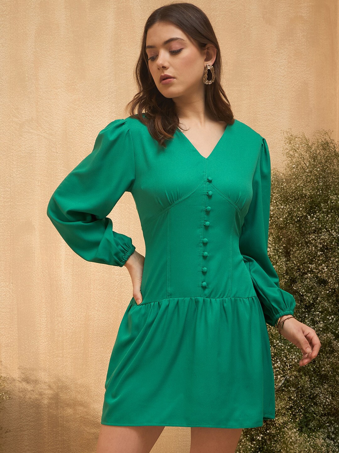 

RARE V Neck Long Puff Sleeve Drop-Waist Dress, Green