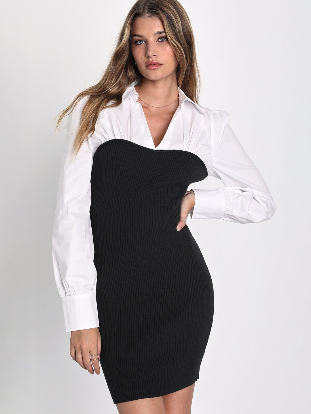 

RARE White & Black Shirt Collar Sheath Mini Dress