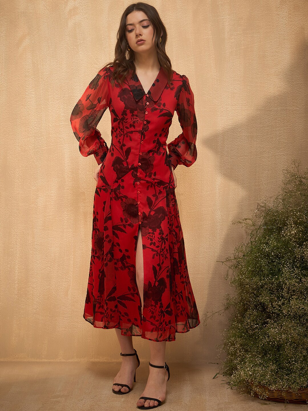 

RARE Red Shirt Collar Floral Printed Chiffon Midi Dress