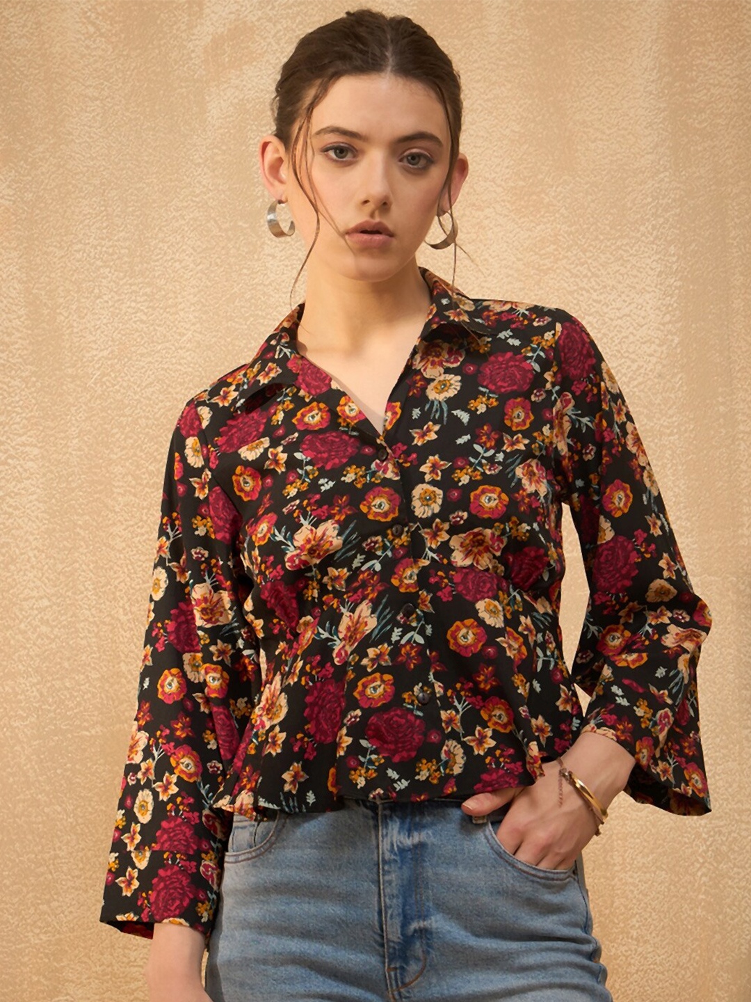 

RARE Black Floral Printed Shirt Collar Bell Sleeve Top