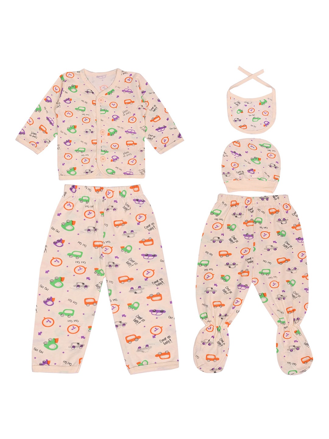 

LOOM LEGACY Infants 5-Pcs Printed Pure Cotton Baby Apparel Gift Set, Orange