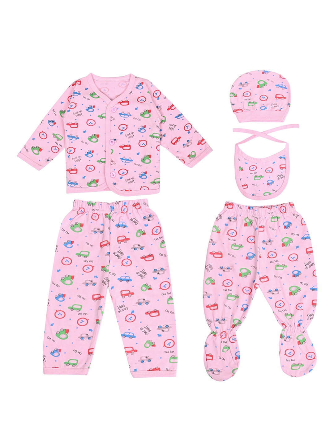 

LOOM LEGACY Infants Pack Of 5 Printed Pure Cotton Apparel Gift Set, Pink