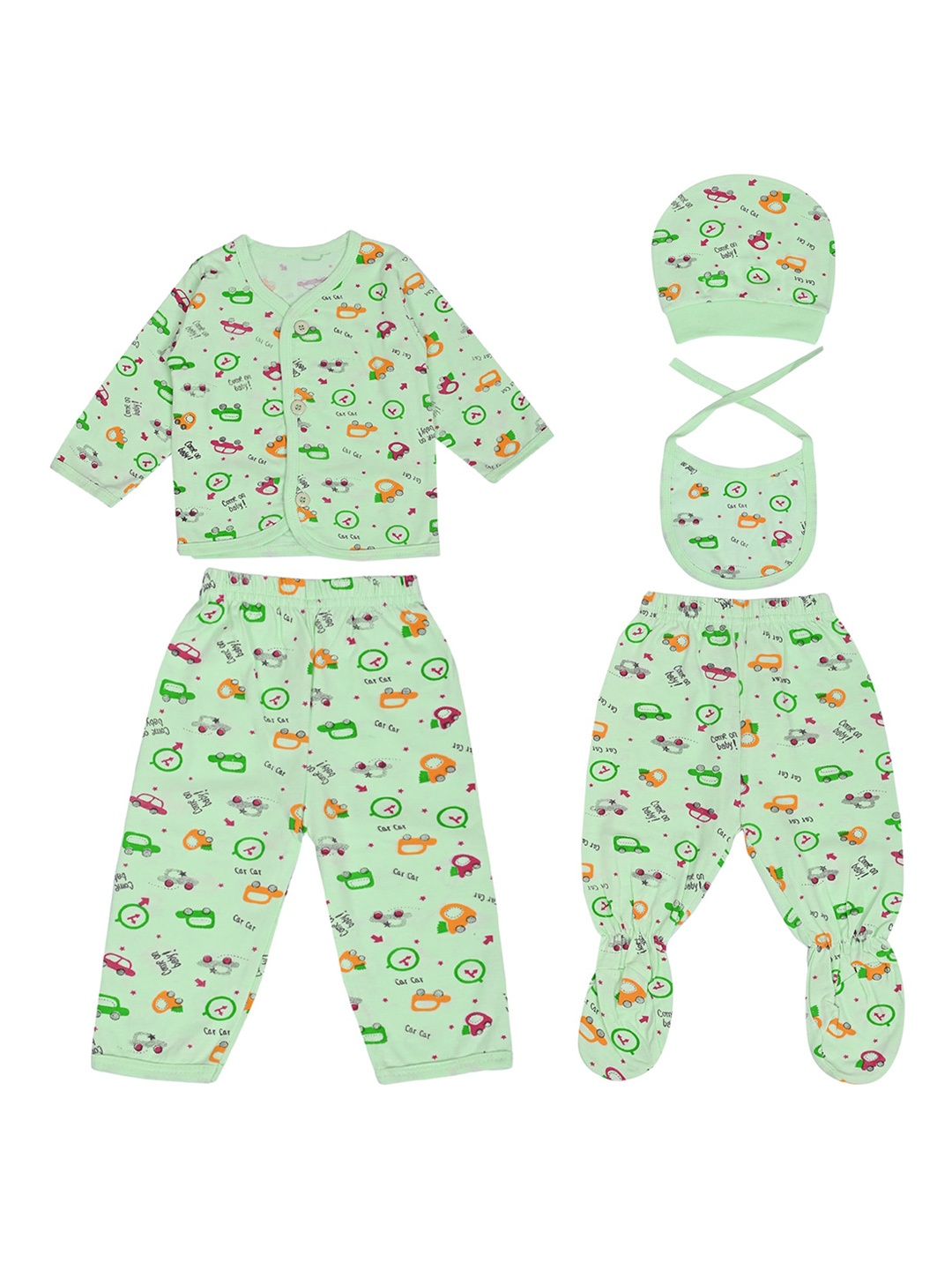 

LOOM LEGACY Infants 5-Pcs Printed Pure Cotton Baby Apparel Gift Set, Green