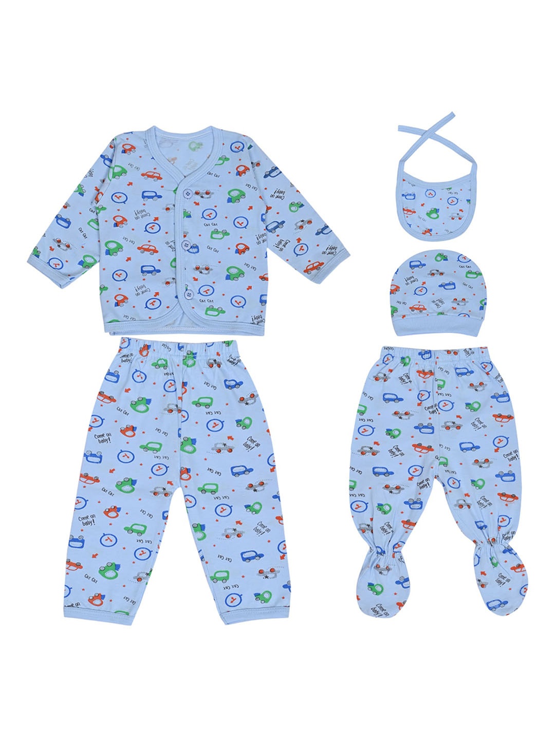 

LOOM LEGACY Infants 5-Pcs Printed Pure Cotton Baby Apparel Gift Set, Blue