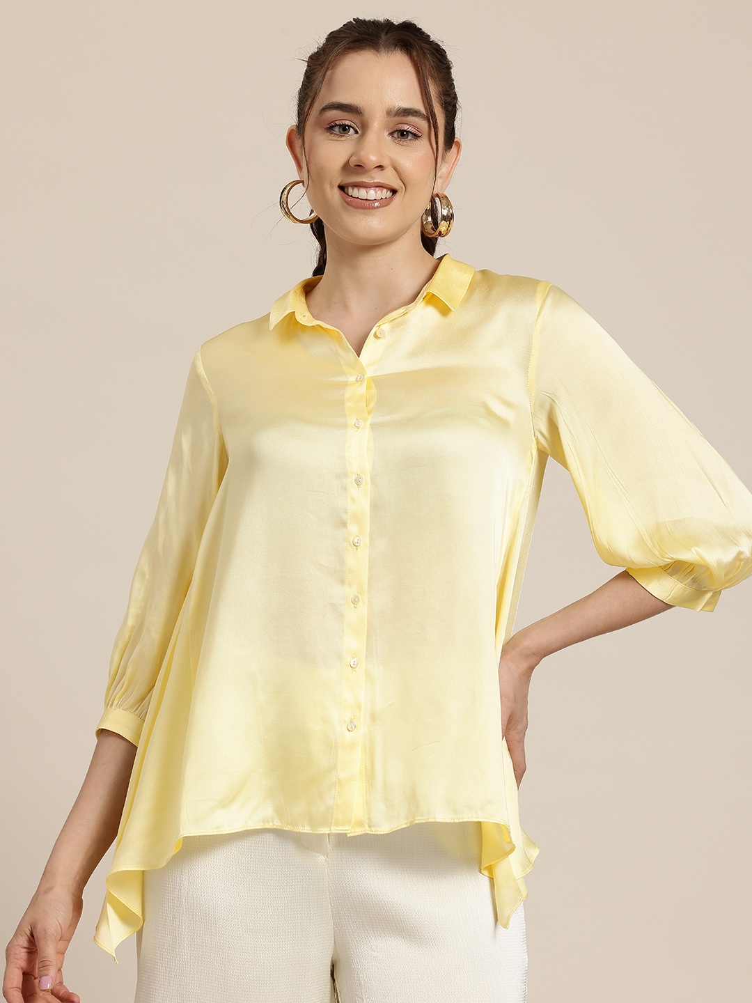

HERE&NOW Puff Sleeves Shirt Style Top, Yellow