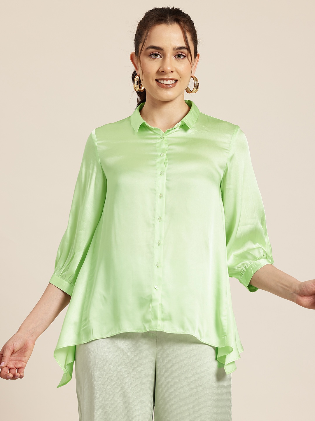 

HERE&NOW Puff Sleeves Shirt Style Top, Green