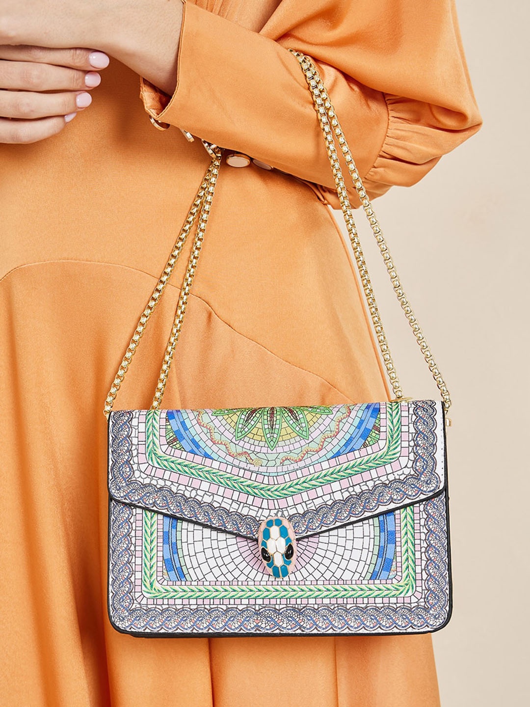 Styli Embellished Front Shoulder Bag, Off white