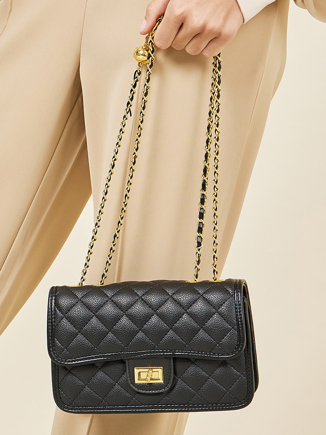 

Styli Quilted Twisted Lock Sling Bag, Black