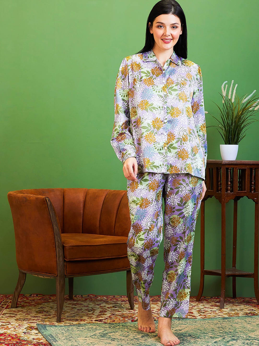 

AV2 Floral Printed Shirt With Pyjamas, Purple