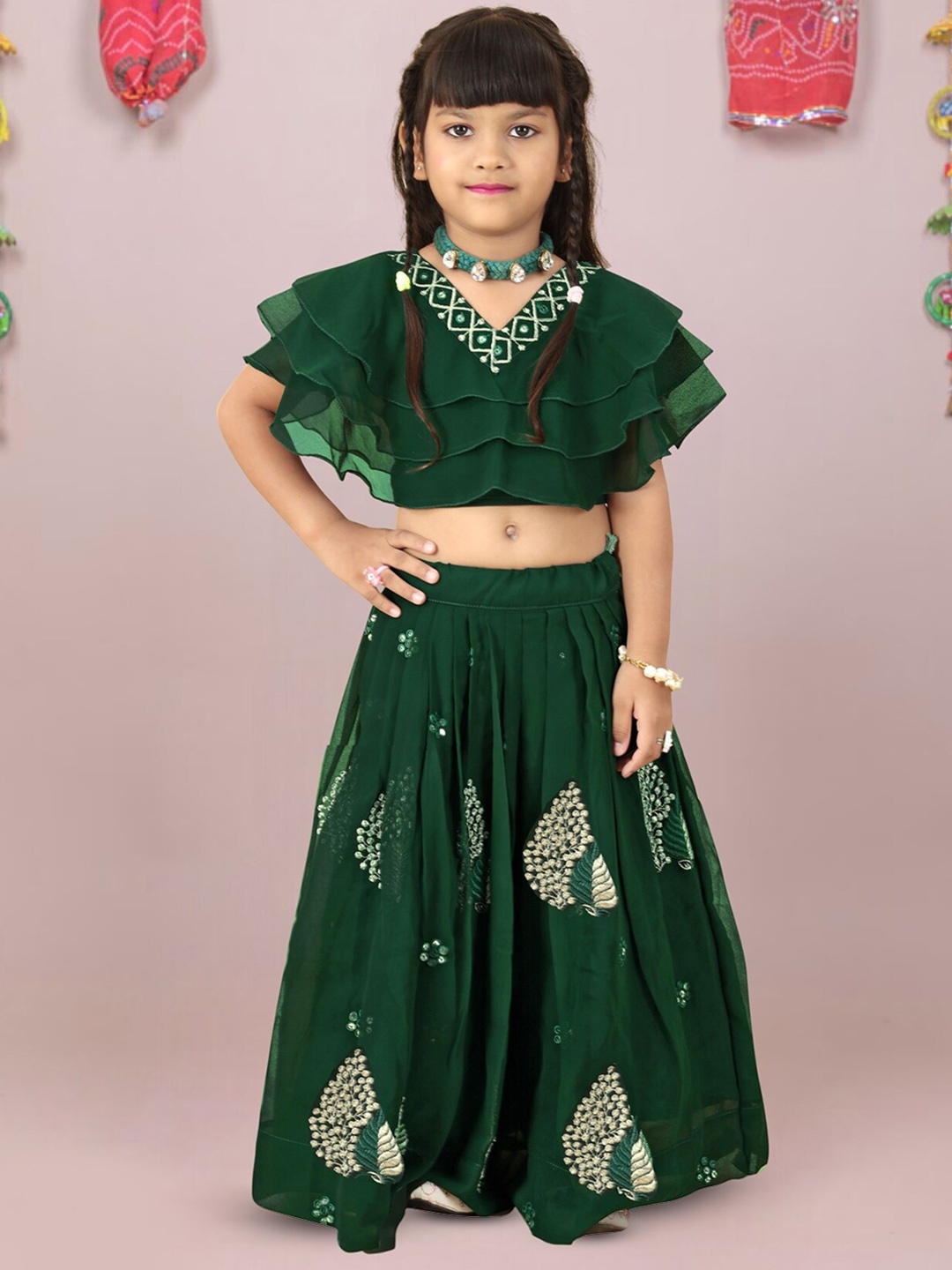 

BAESD Girls Embroidered Thread Work Ready to Wear Lehenga & Blouse, Green