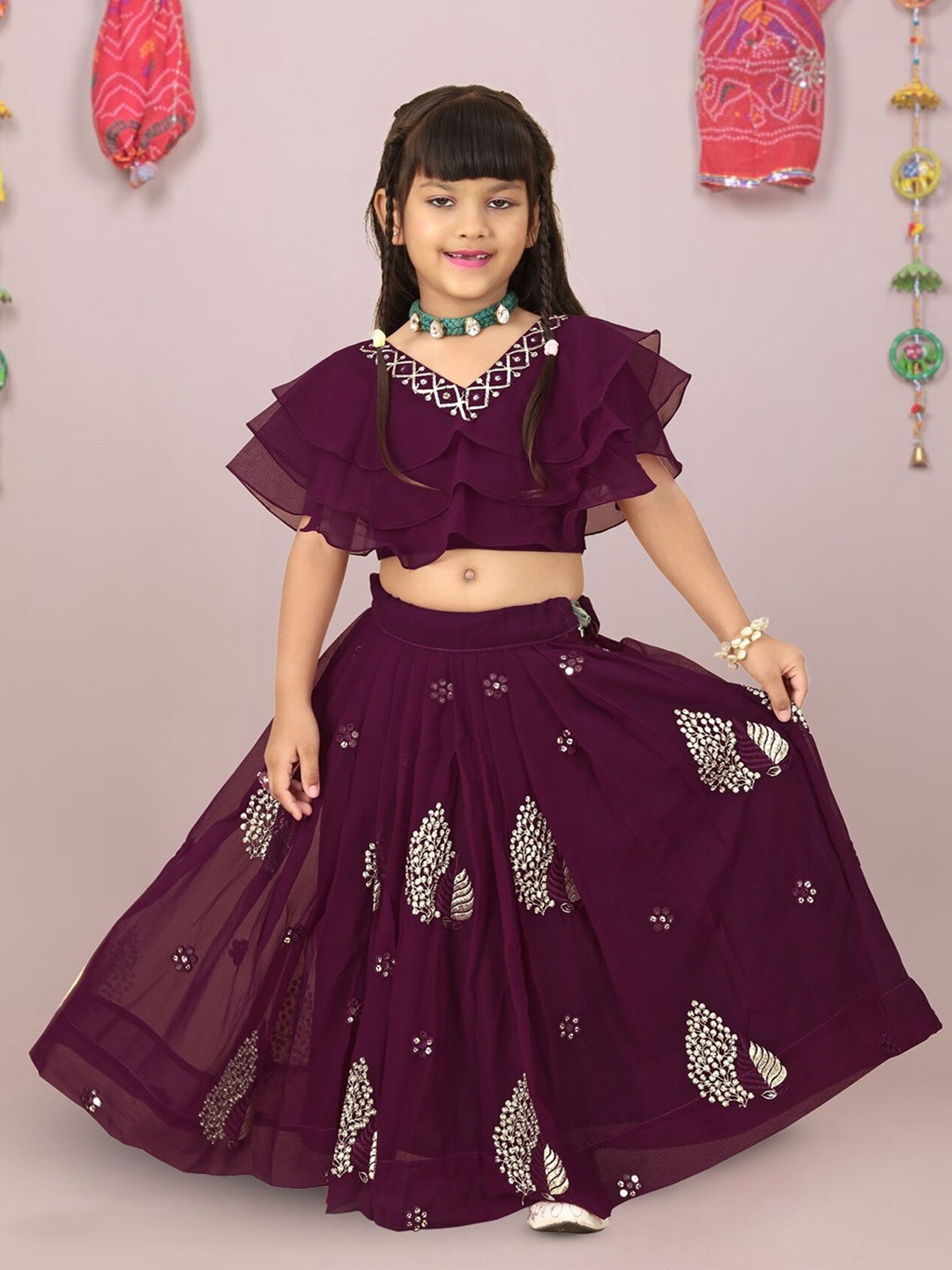 

BAESD Girls Embroidered Thread Work Ready to Wear Lehenga & Blouse, Purple