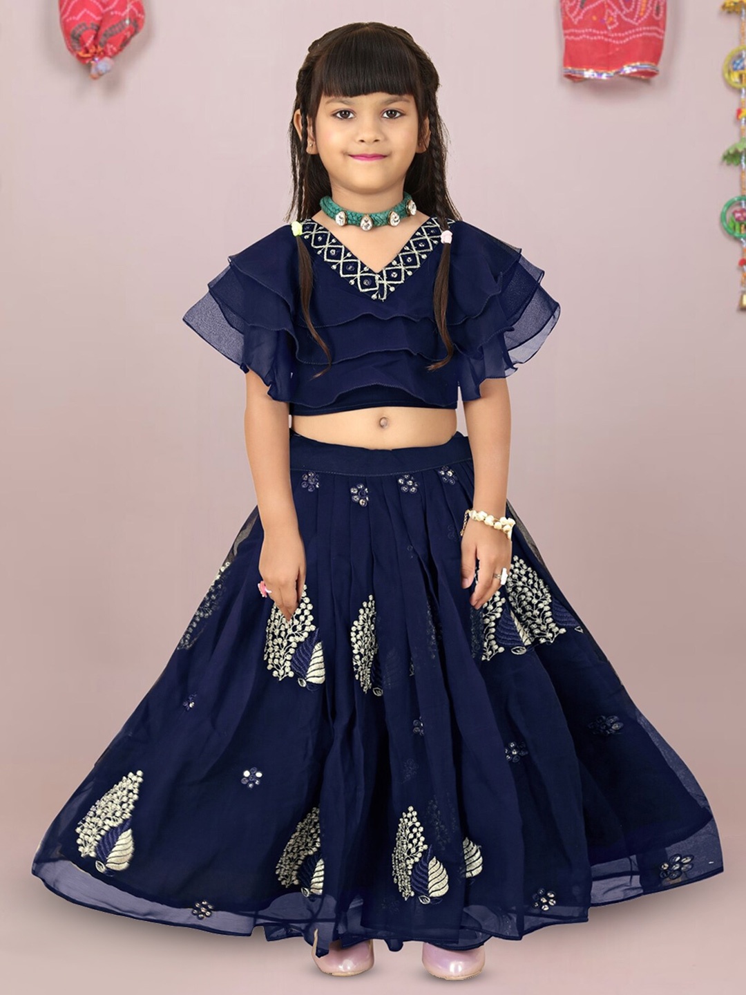 

BAESD Girls Embroidered Thread Work Ready to Wear Lehenga & Blouse, Navy blue