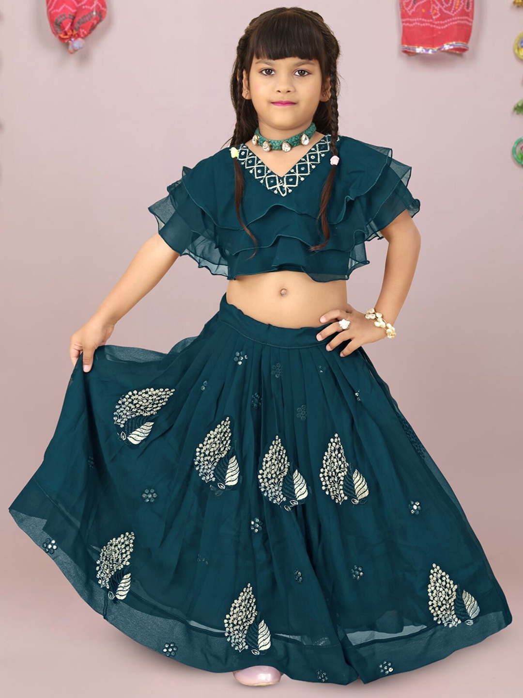 

BAESD Girls Embroidered Thread Work Ready to Wear Lehenga & Blouse, Teal