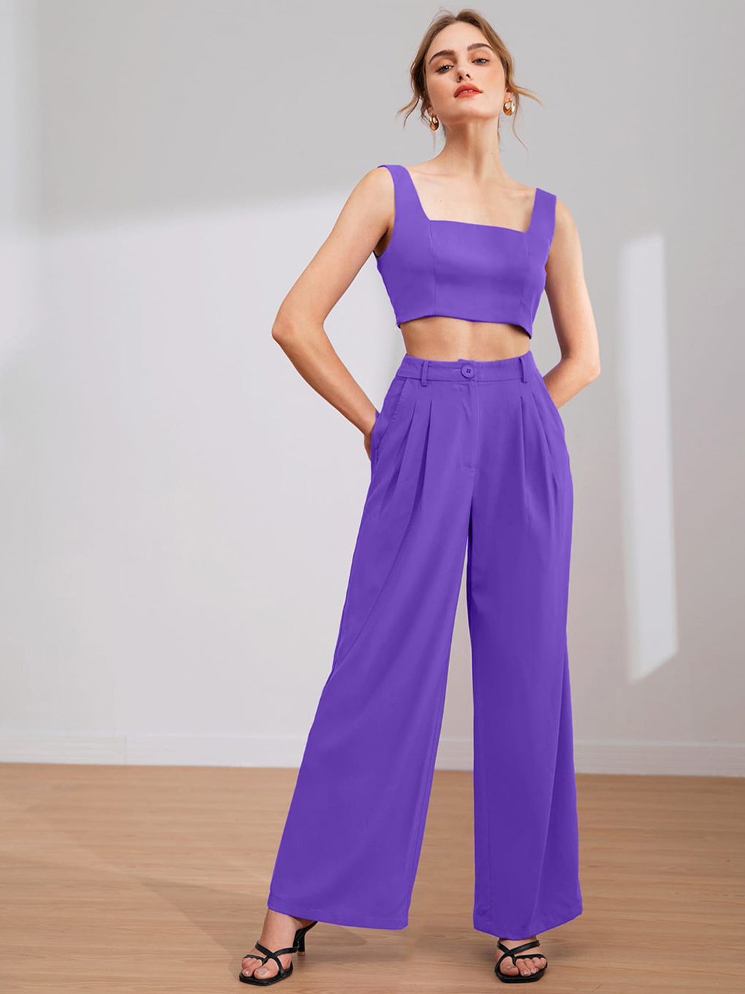 

KOTTY BIZwear Square Neck Sleeveless Crop Top & Trousers, Purple