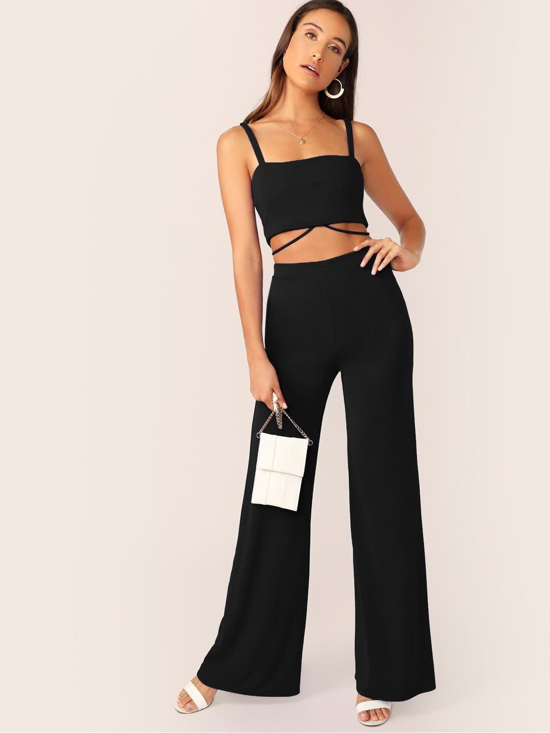 

Kotty Shoulder Straps Sleeveless Crop Top With Trousers, Black