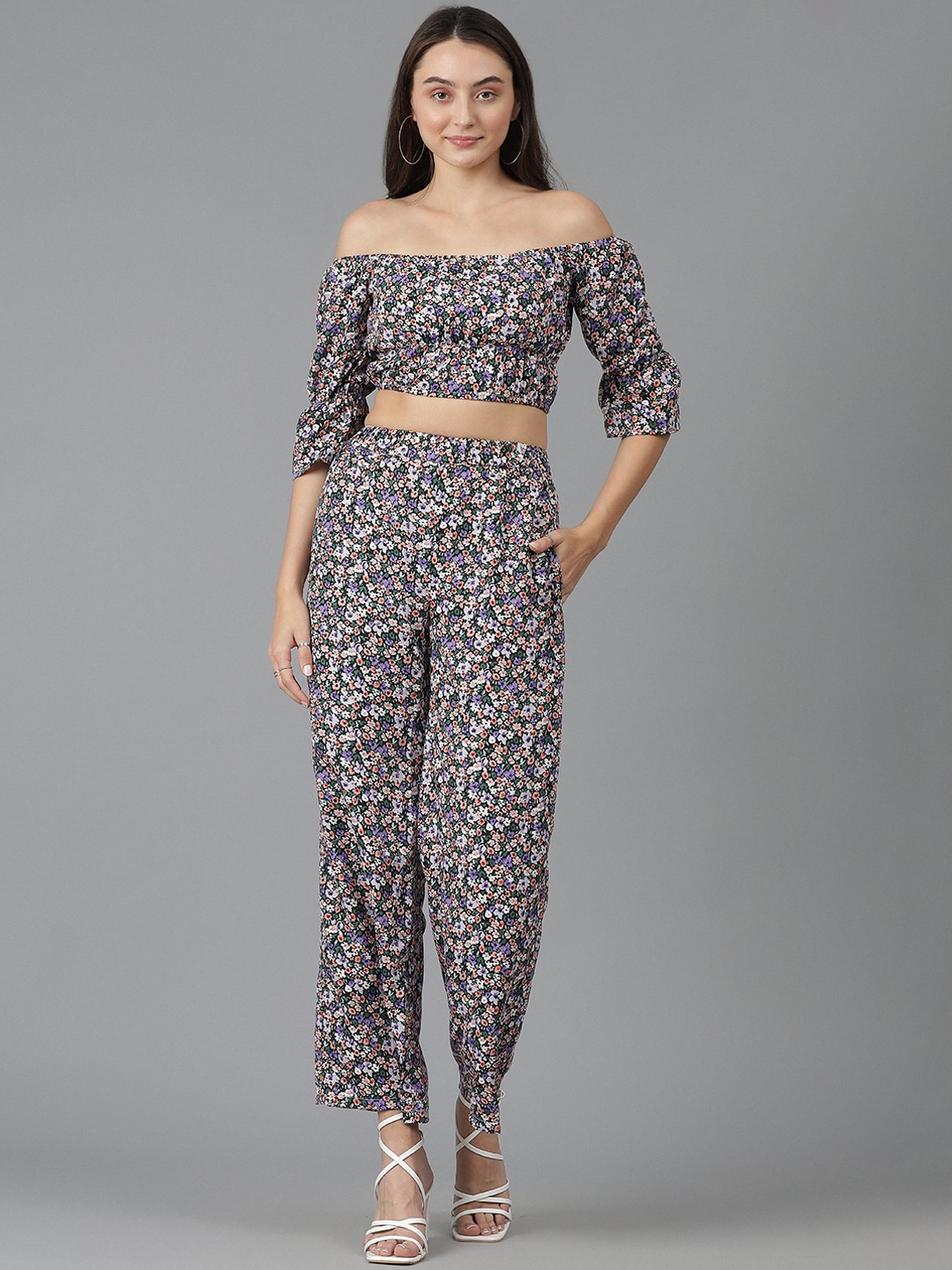 

Kotty Floral Printed Off-Shoulder Crop Top & Trousers, Black