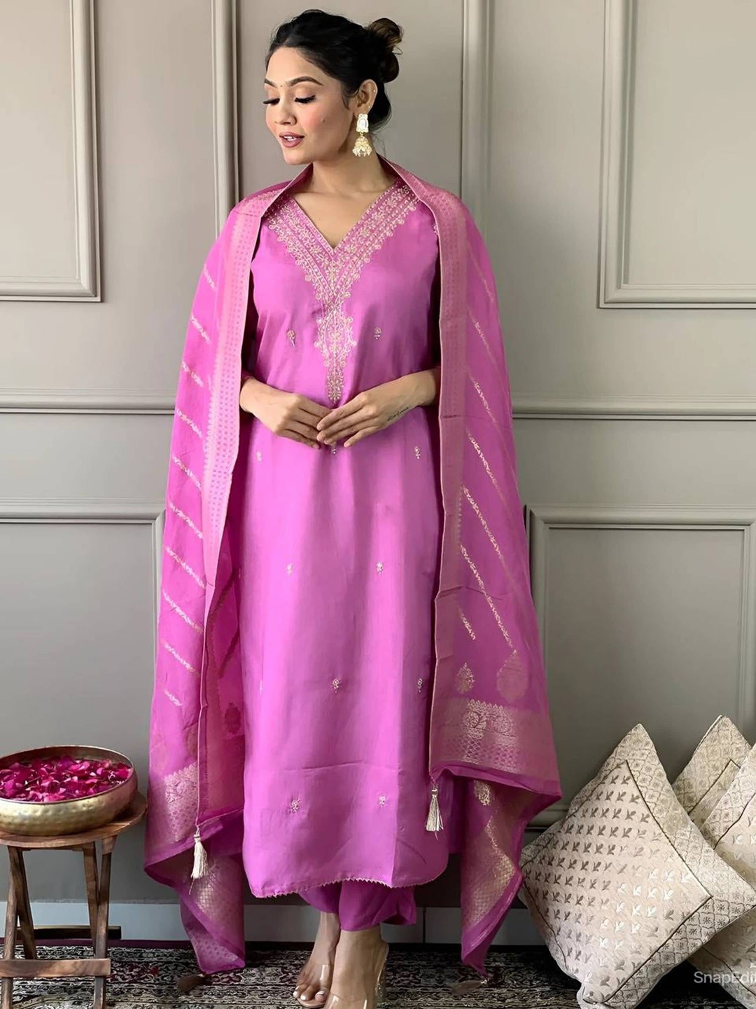 

KALINI Floral Embroidered Regular Thread Work Chanderi Silk Kurta with Trouser & Dupatta, Pink