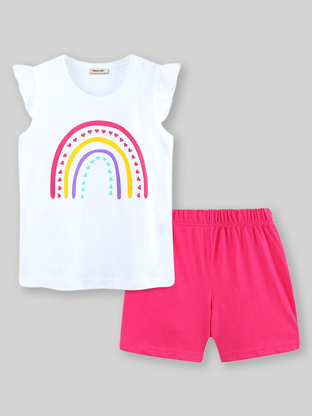 

INCLUD Girls Round Neck Short Sleeves Printed Top with Shorts, White
