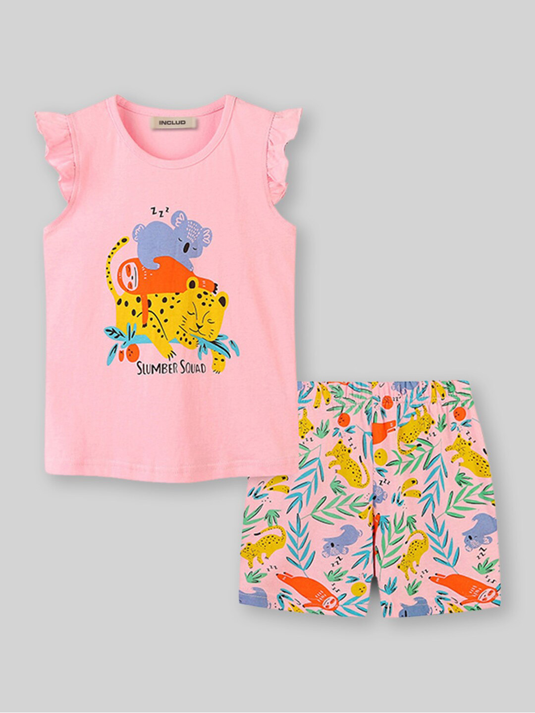 

INCLUD Girls Round Neck Short Sleeves Printed T-shirt with Shorts, Pink
