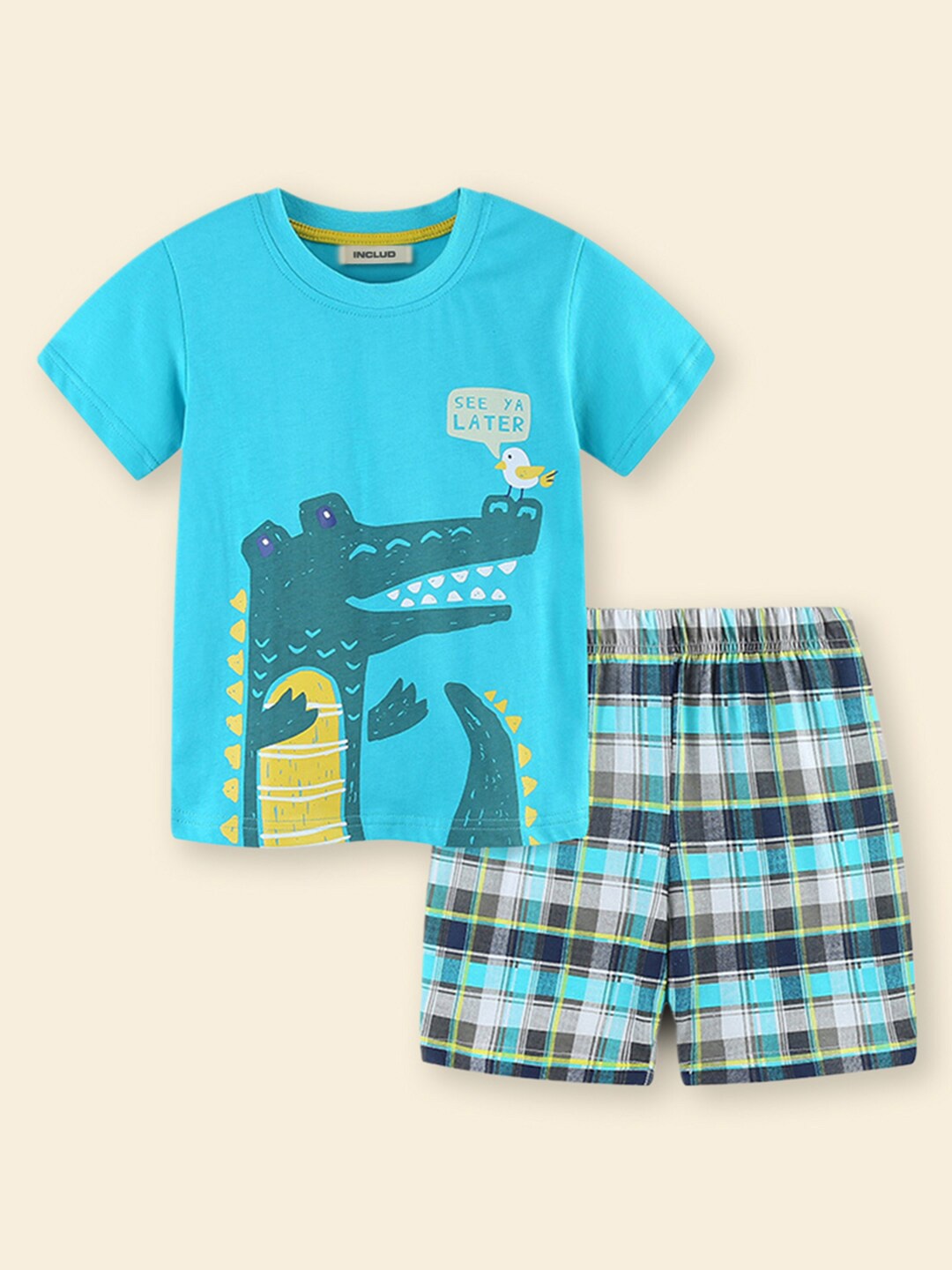 

INCLUD Boys Crocodile Printed Round Neck T-shirt With Shorts, Blue