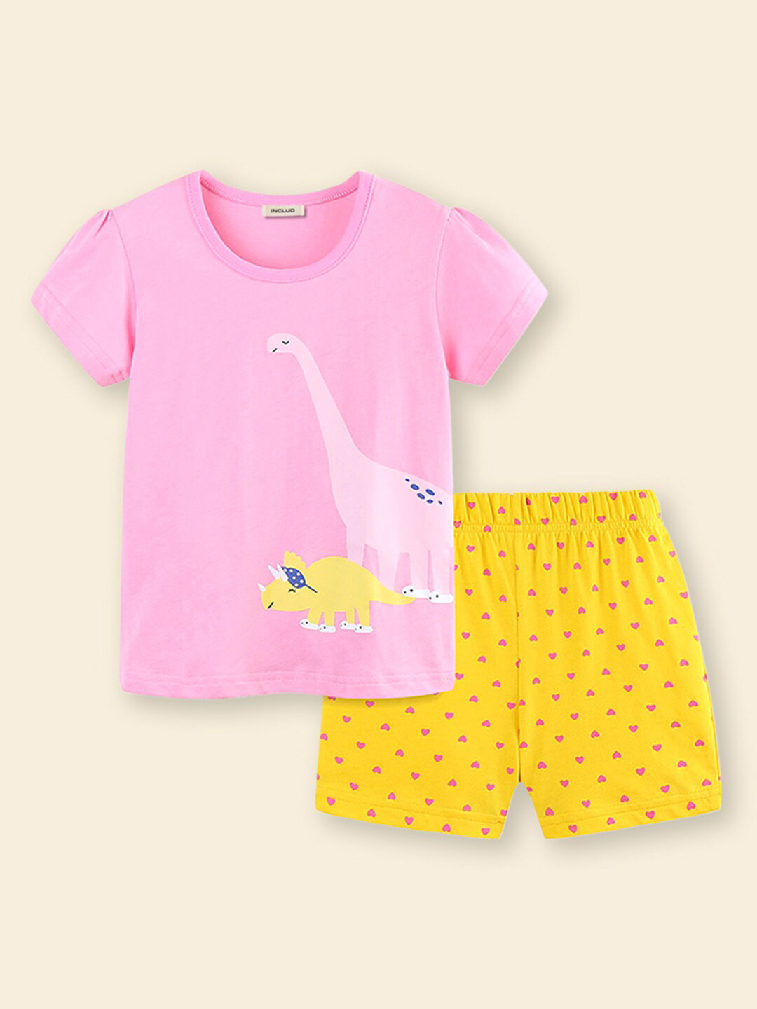 

INCLUD Girls Round Neck Printed T-shirt with Shorts, Pink