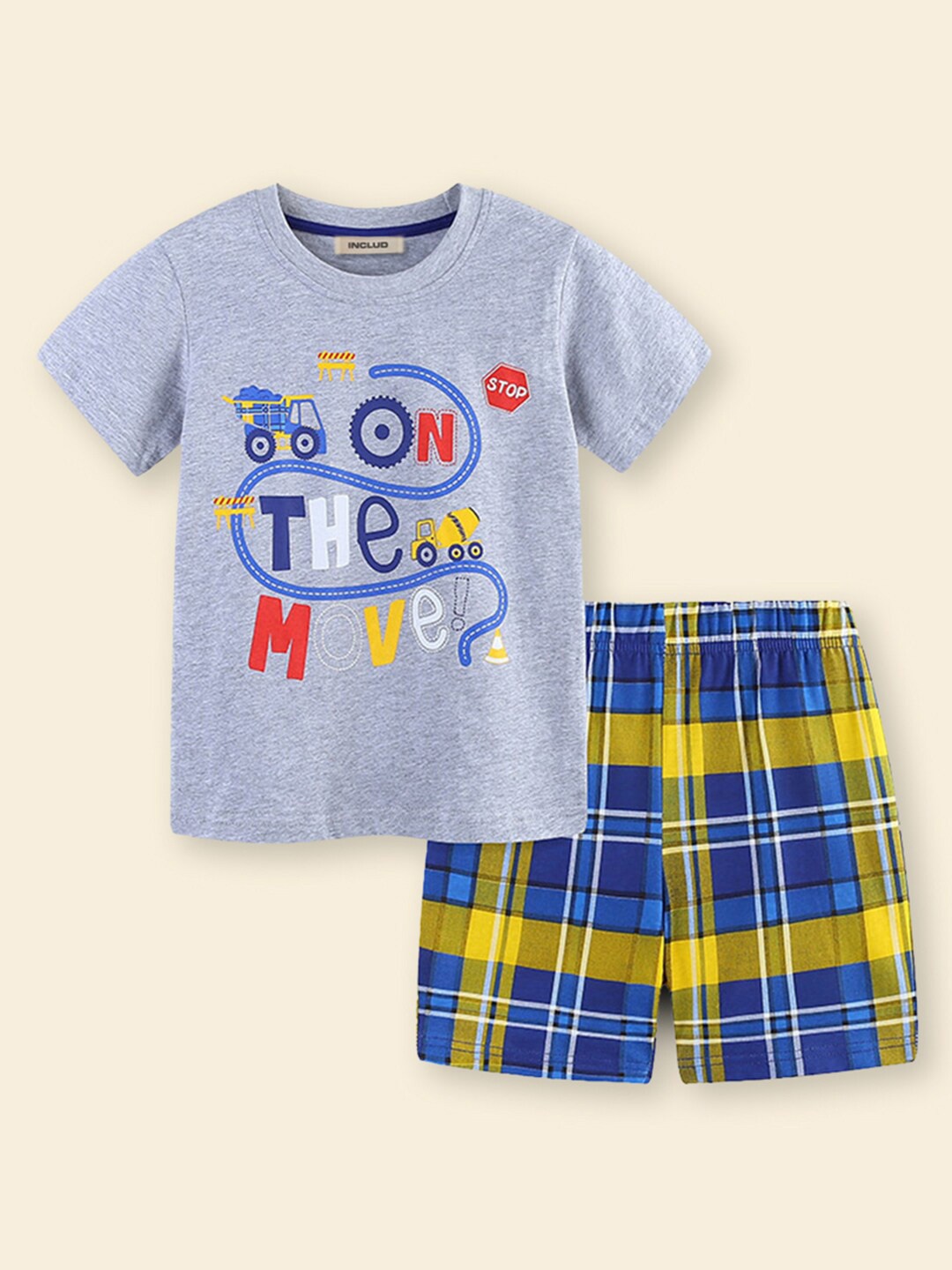 

INCLUD Boys Round Neck Printed T-shirt with Shorts, Grey