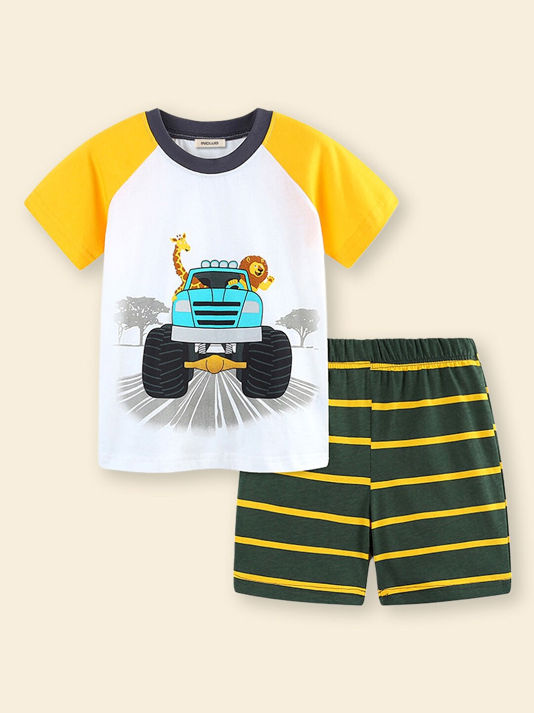 

INCLUD Boys Round Neck Printed T-shirt with Shorts, Yellow