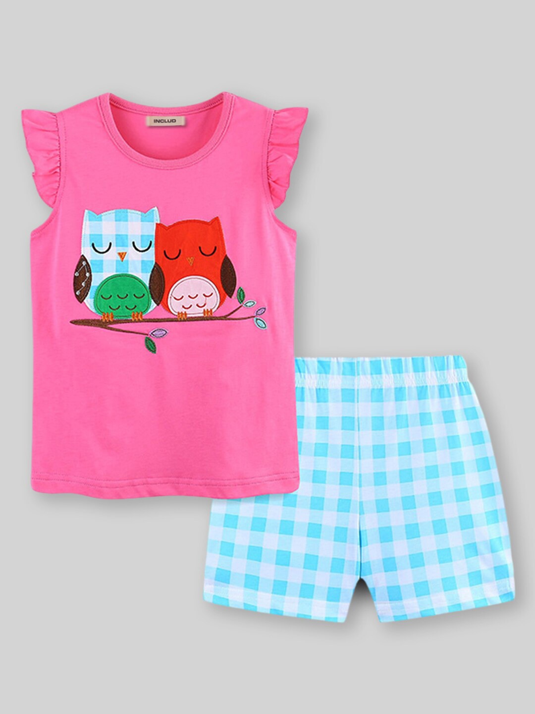 

INCLUD Girls Round Neck Short Sleeves Printed Top with Shorts, Fuchsia