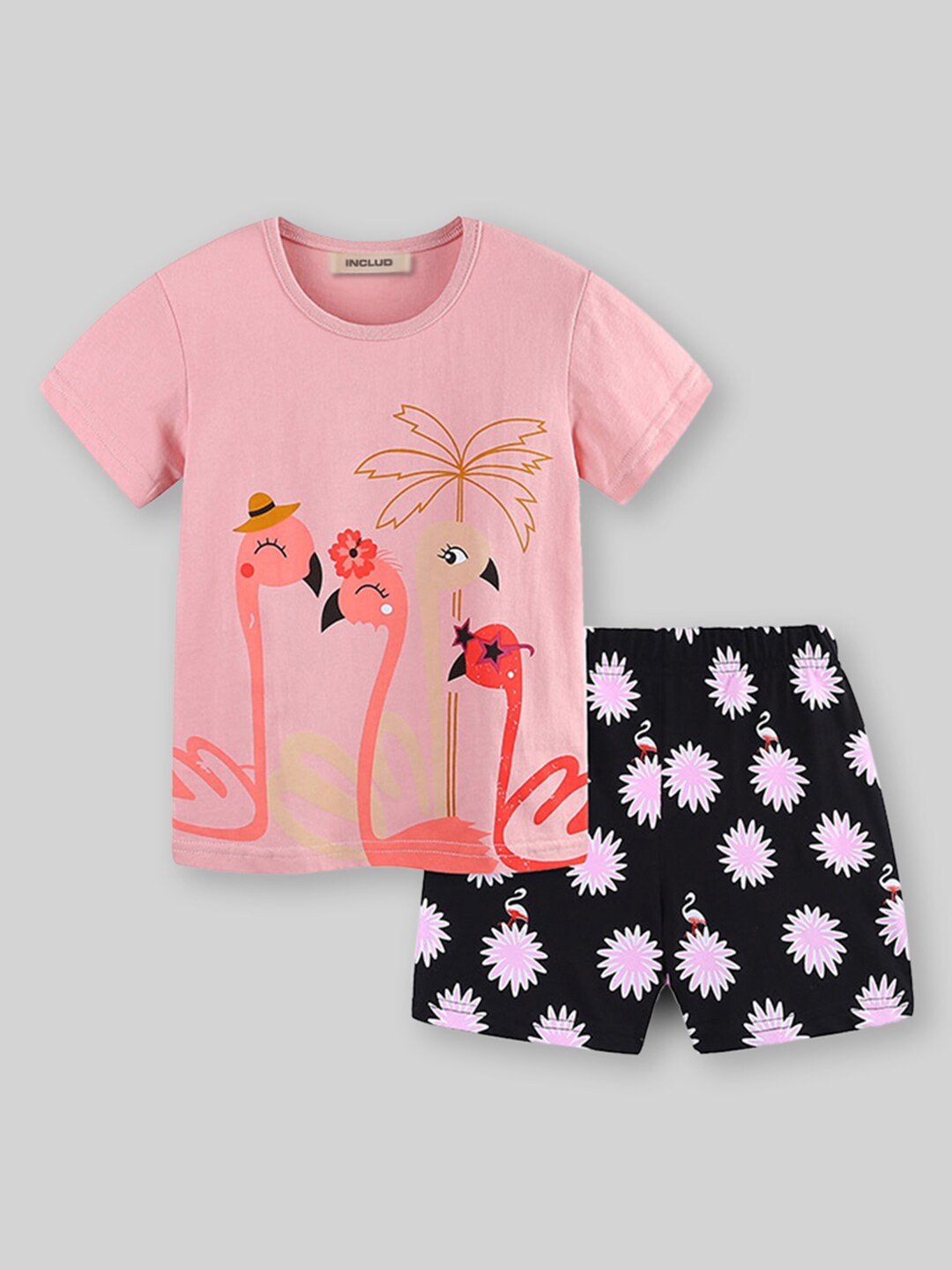

INCLUD Girls Printed T-shirt with Shorts, Peach