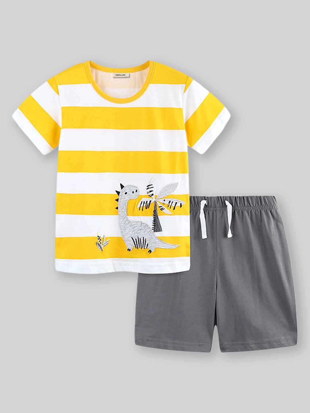 

INCLUD Boys Round Neck Short Sleeves Striped T-shirt with Shorts, Yellow