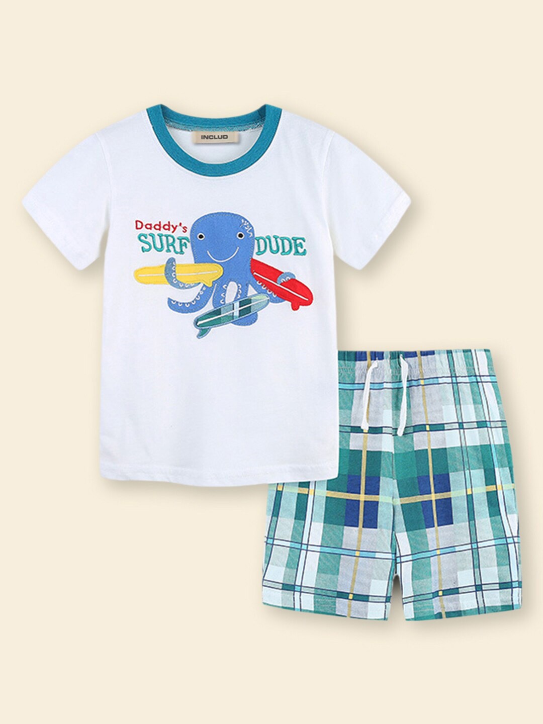 

INCLUD Boys Round Neck Printed T-shirt with Shorts, White