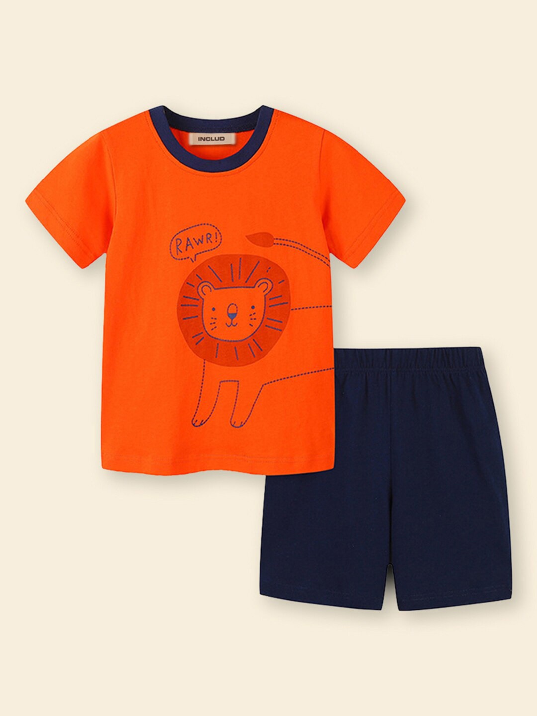 

INCLUD Boys Round Neck Short Sleeves Printed T-shirt with Shorts, Orange