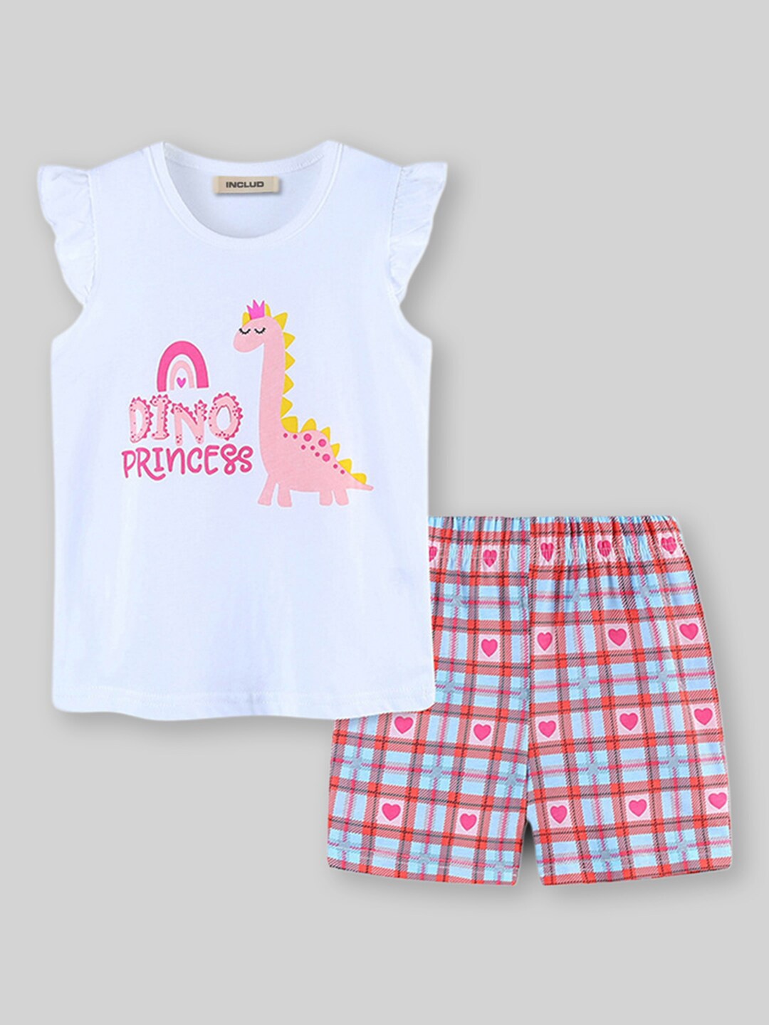 

INCLUD Girls Round Neck Short Sleeves Printed T-shirt with Shorts, White