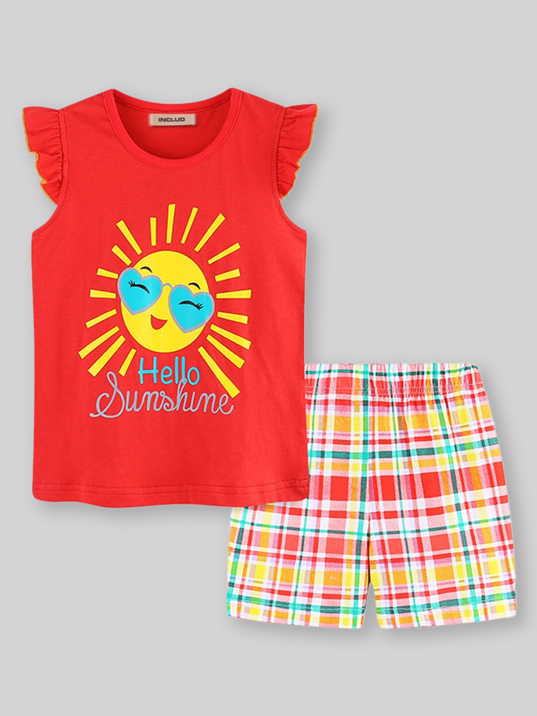 

INCLUD Girls Round Neck Short Sleeves Printed T-shirt with Shorts, Red