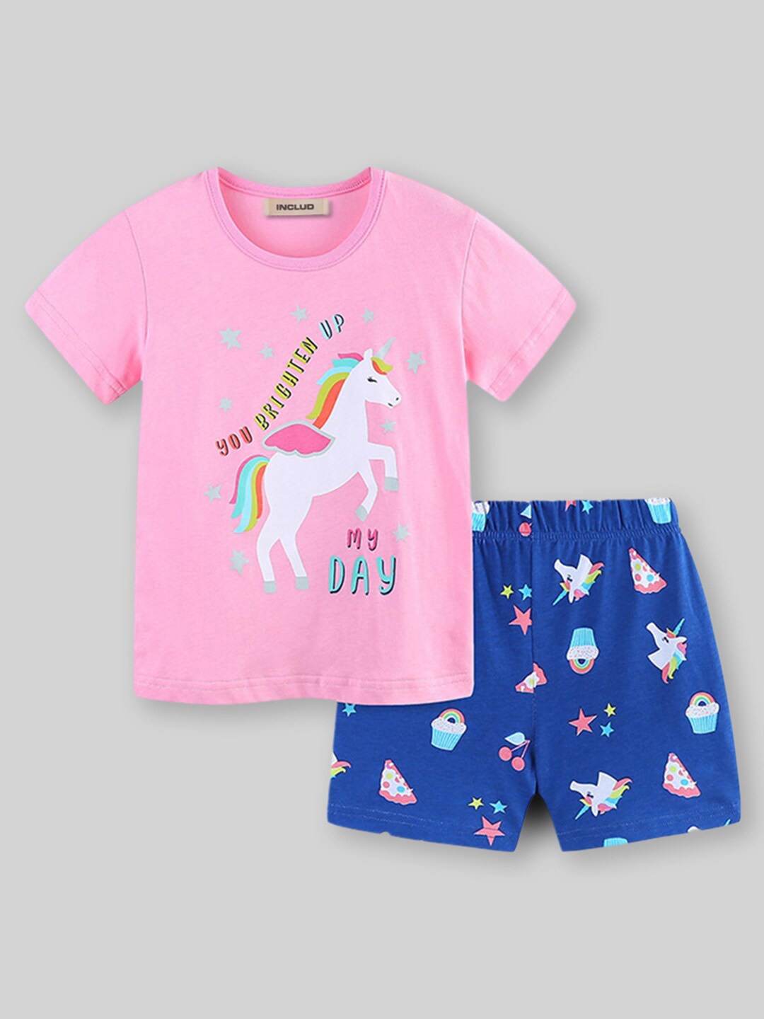 

INCLUD Girls Round Neck Printed T-shirt with Shorts, Pink