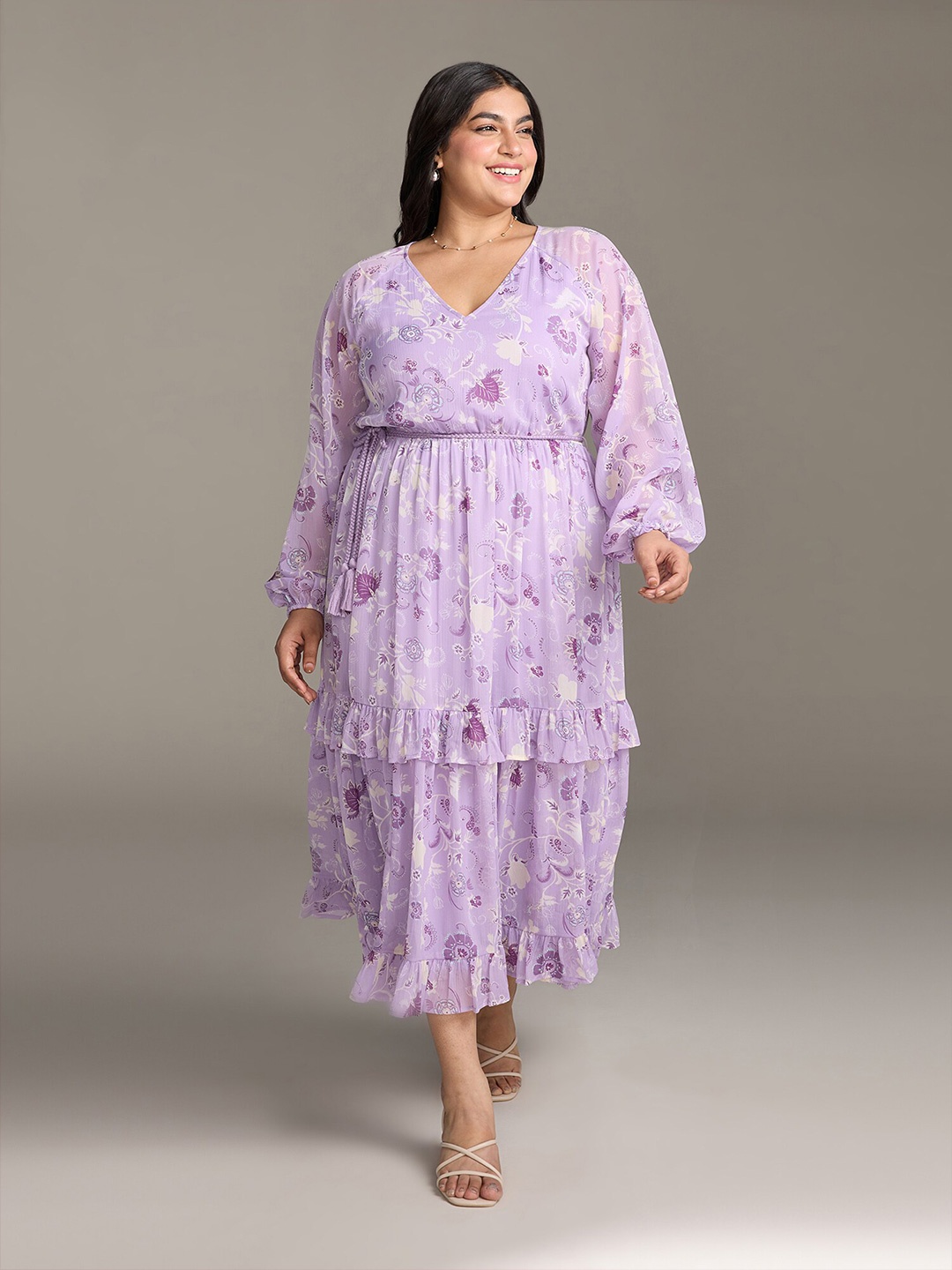 

20Dresses Floral Printed Bishop Sleeves Bishop Sleeves Midi Dress, Purple