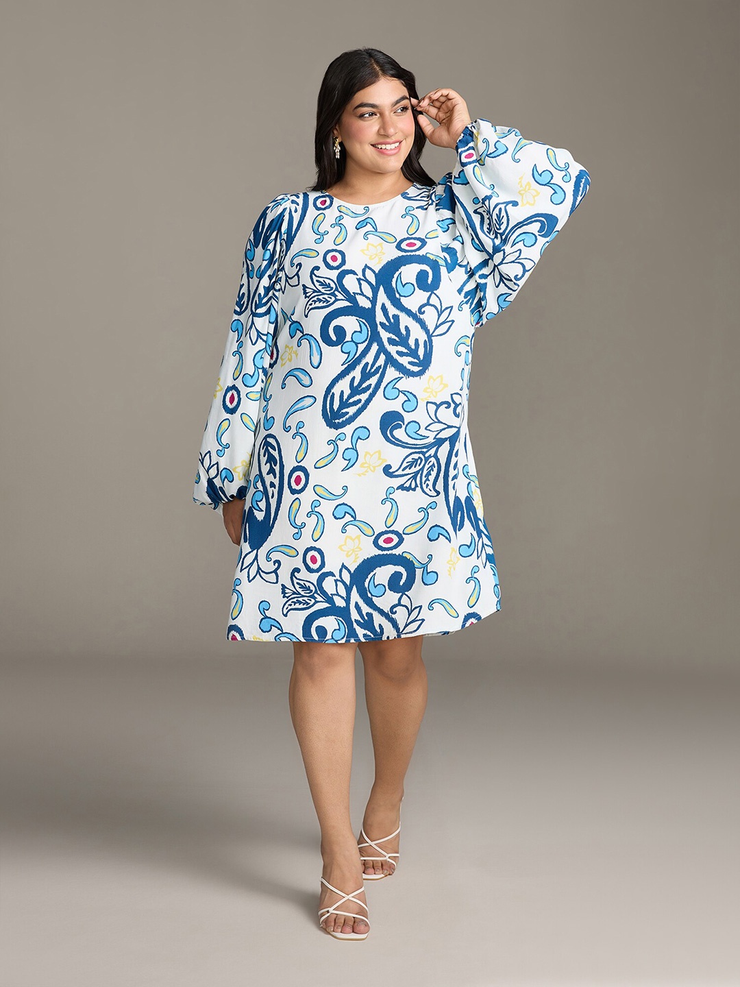 

20Dresses Ethnic Motifs Printed Bishop Sleeves A-Line Dress, White