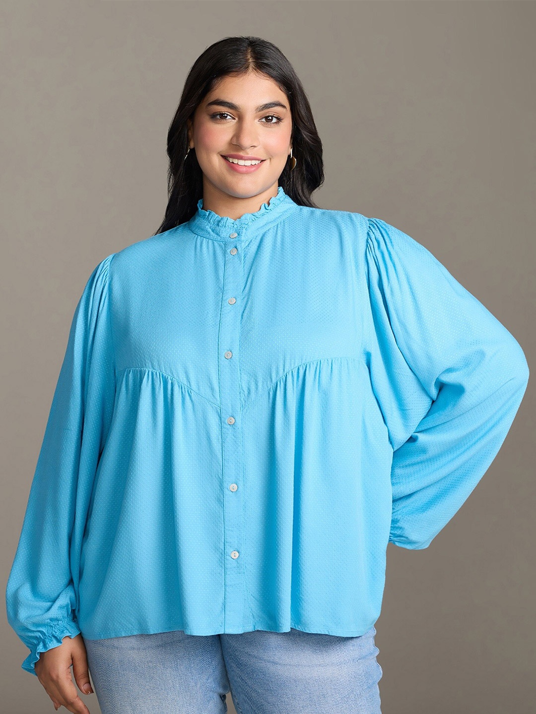 

20Dresses Plus Size Blue Mandarin Collar Bishop Sleeves Self Design Shirt Style Top