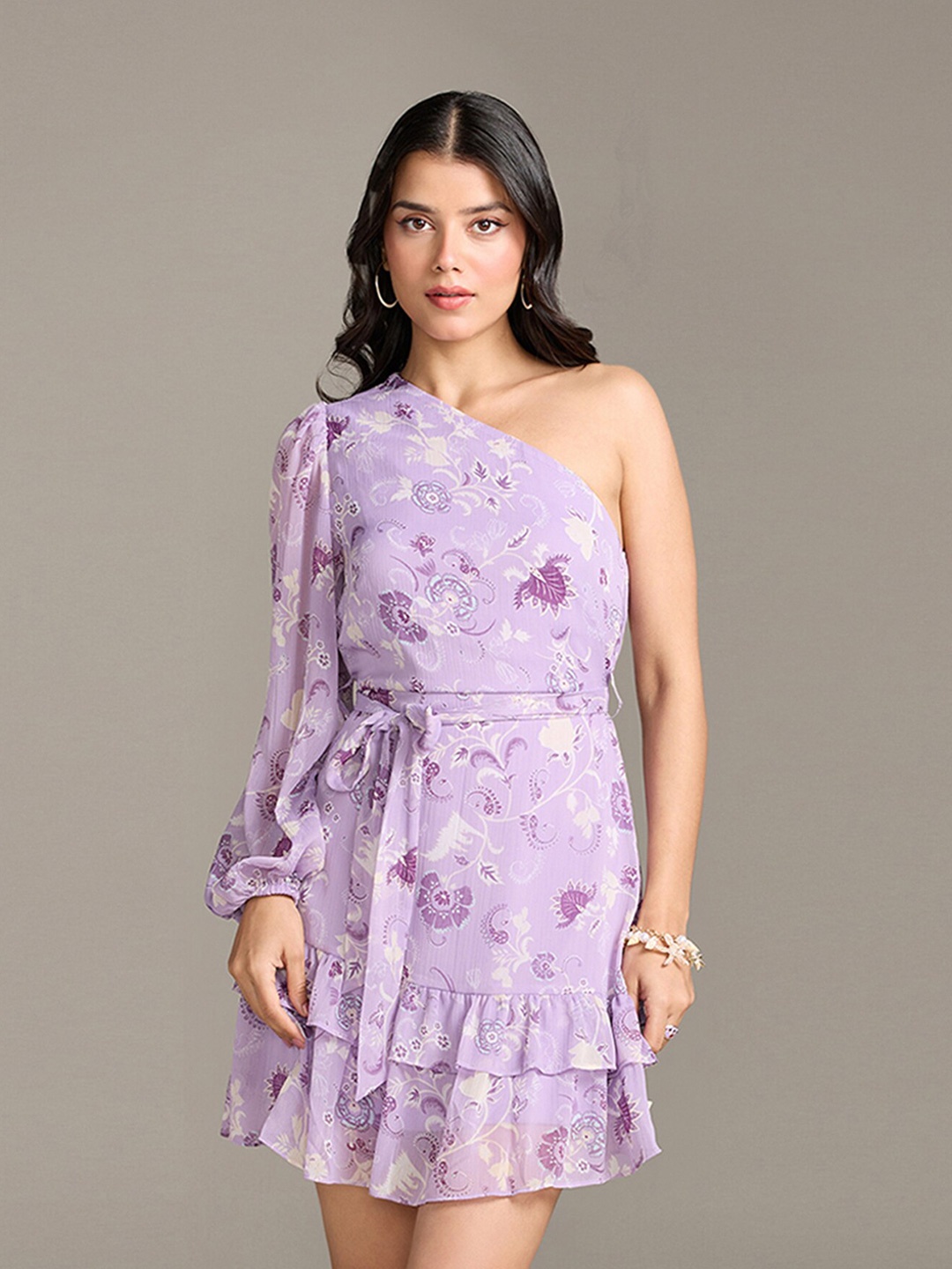 

20Dresses xxd eclectic boho Purple Floral Print Puff Sleeve Chiffon A-Line Dress