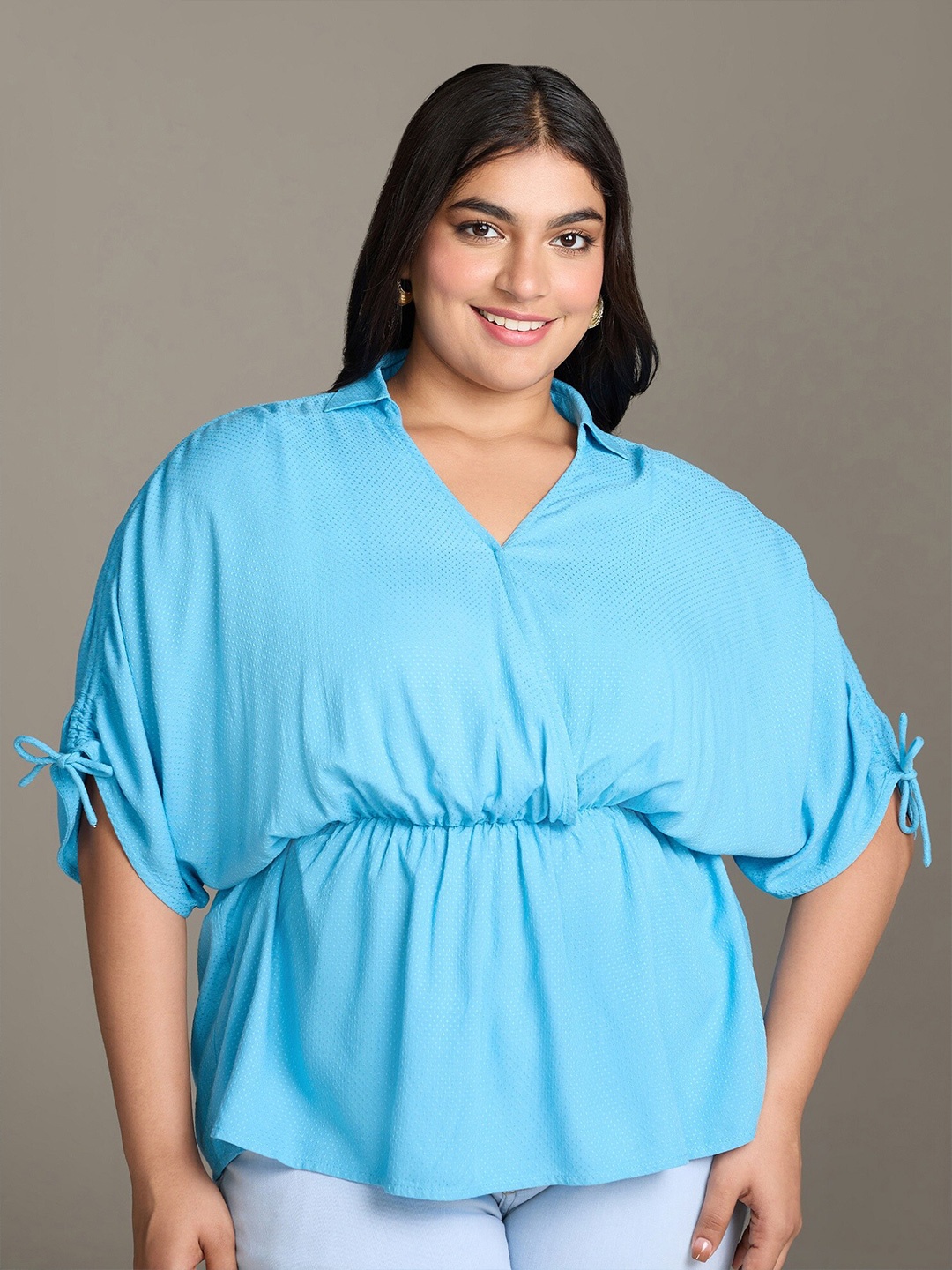 

20Dresses Plus Size Blue Shirt Collar Kimono Sleeves Cinched Waist Top