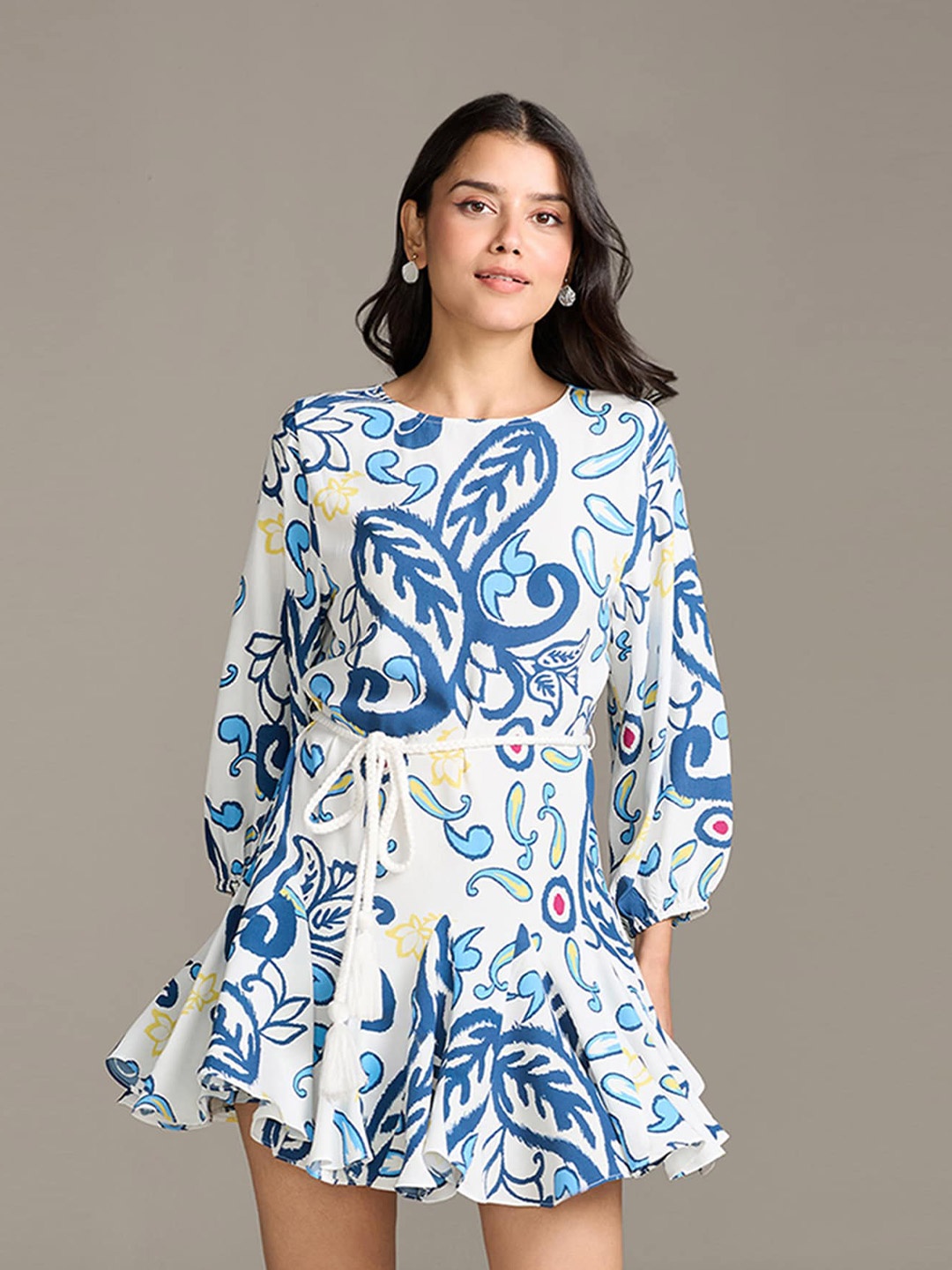 

20Dresses Ethnic Motifs Printed Puff Sleeve A-Line Dress, White