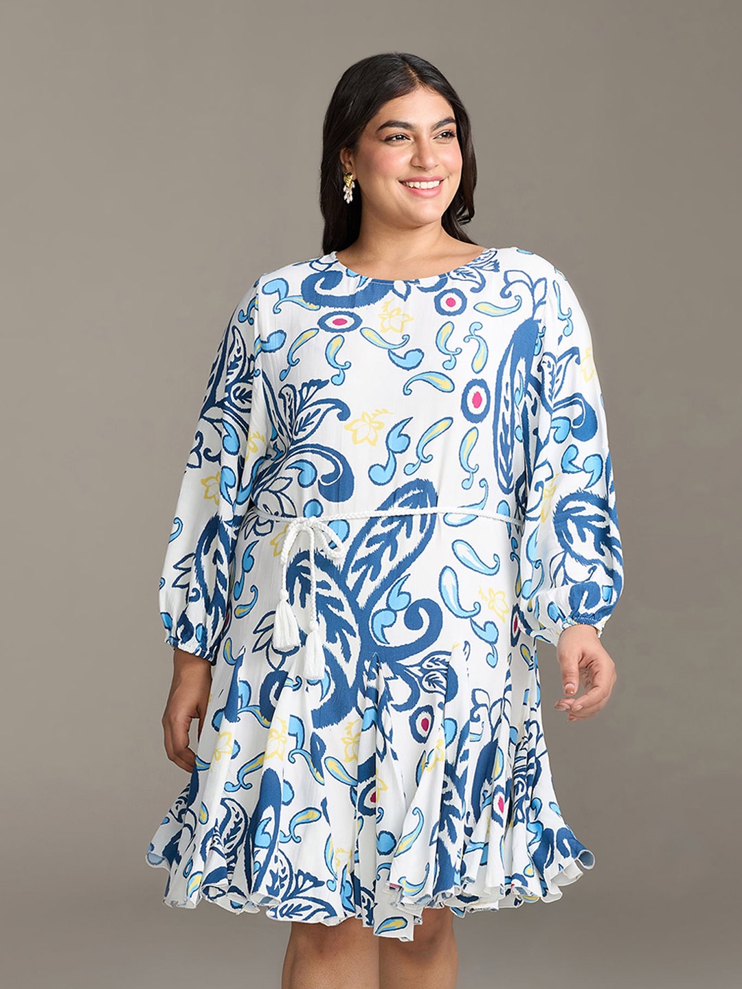 

20Dresses xxd eclectic boho Plus Size White Floral Print Puff Sleeves Crepe A-Line Dress