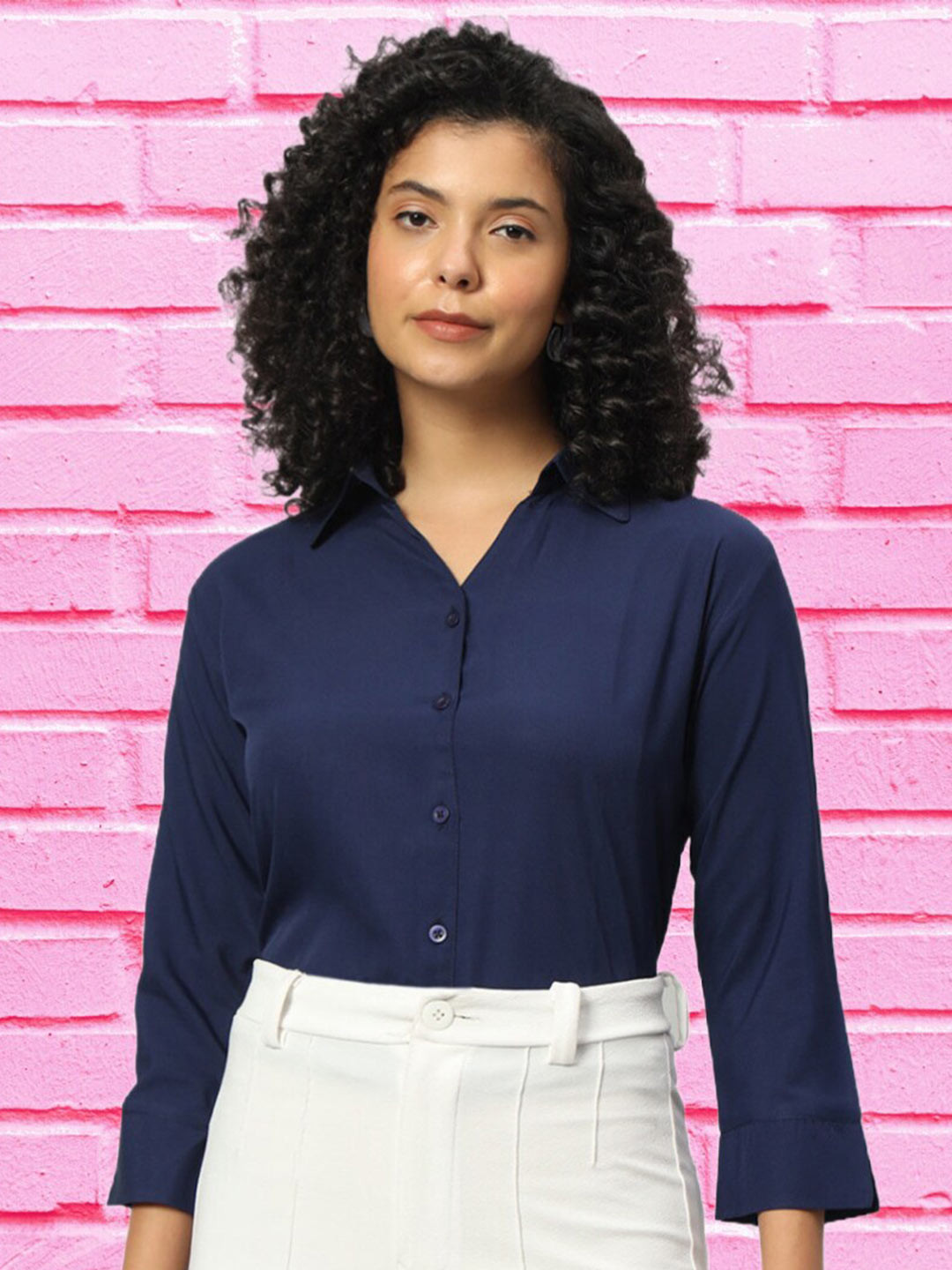 

Funday Fashion Spread Collar Crepe Casual Shirt, Navy blue