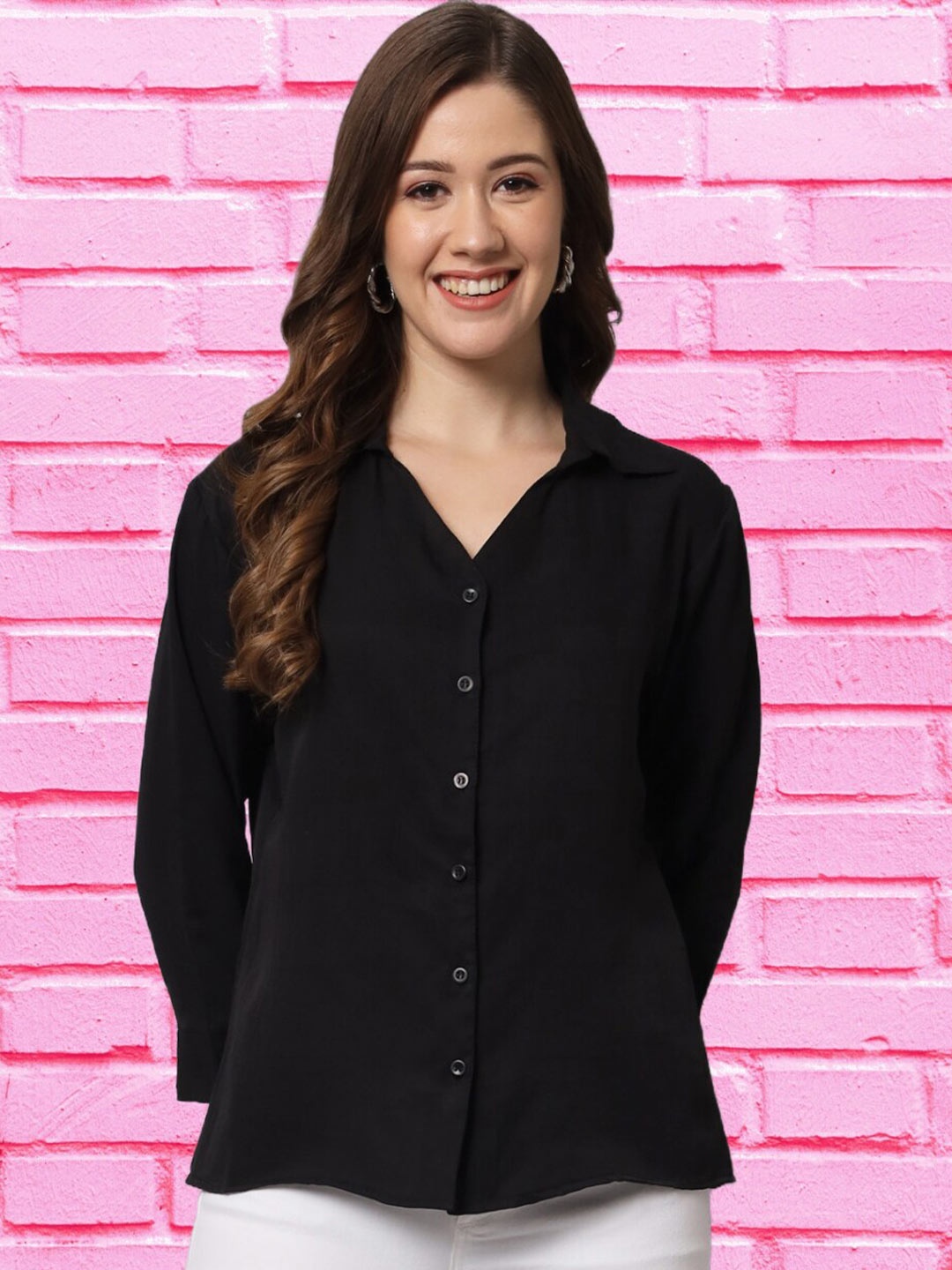 

Funday Fashion Spread Collar Crepe Casual Shirt, Black