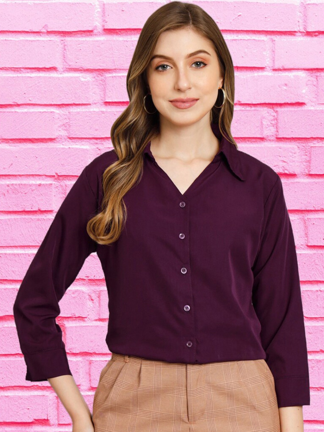 

Funday Fashion Spread Collar Crepe Casual Shirt, Purple