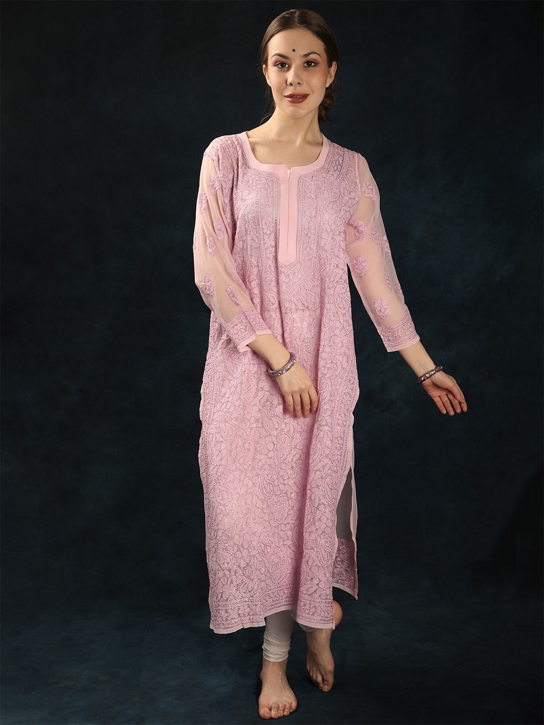 

Exotic India Paisley Embroidered Chikankari Straight Georgette Kurta, Lavender