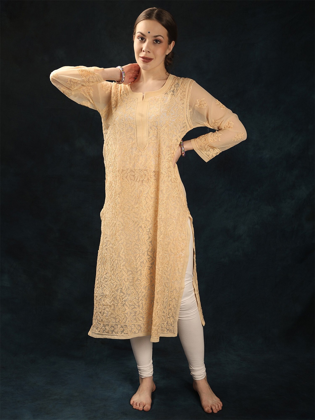 

Exotic India Floral Embroidered Georgette A-Line Kurta, Cream