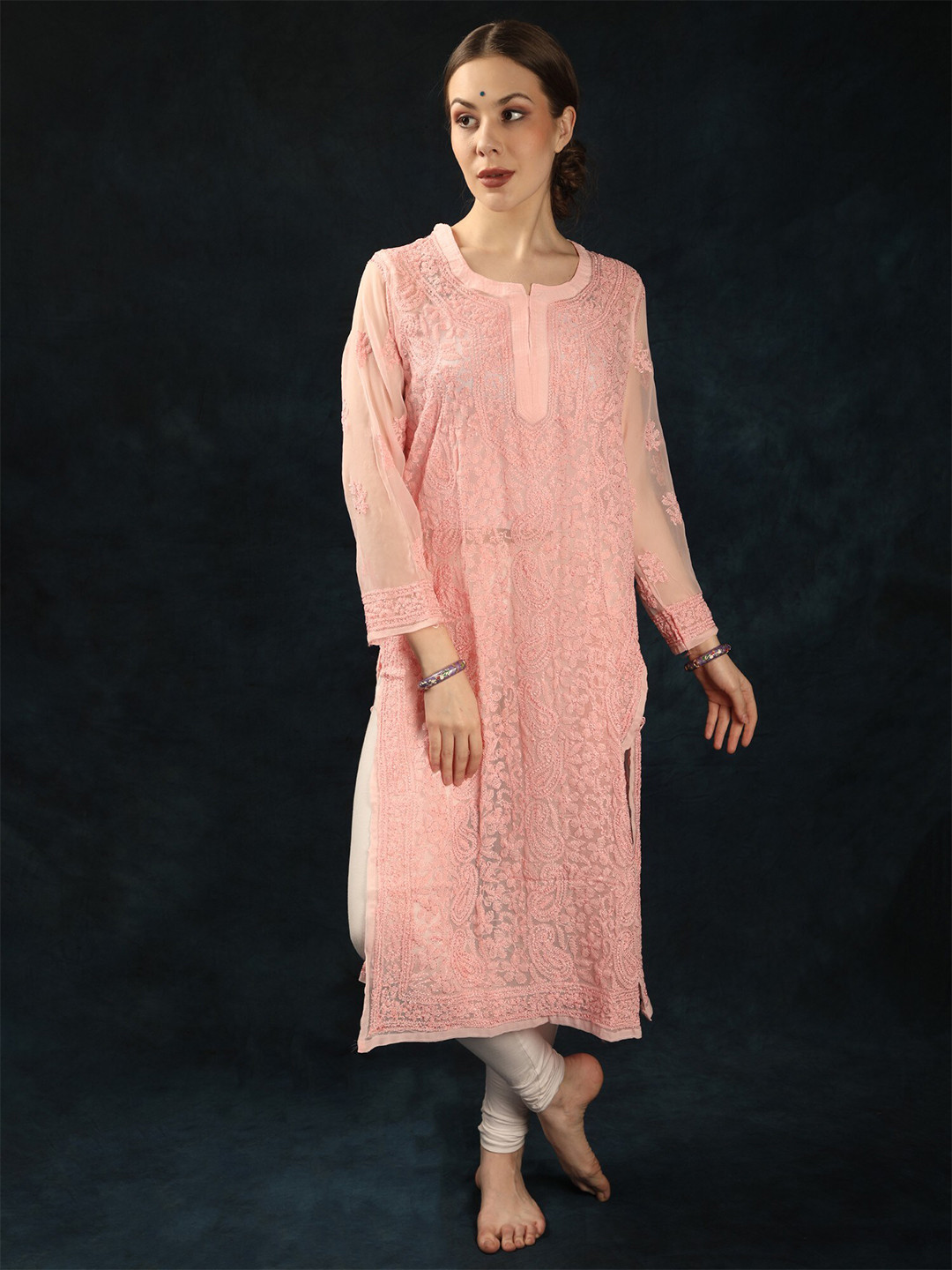 

Exotic India Paisley Embroidered Chikankari Straight Georgette Kurta, Rose