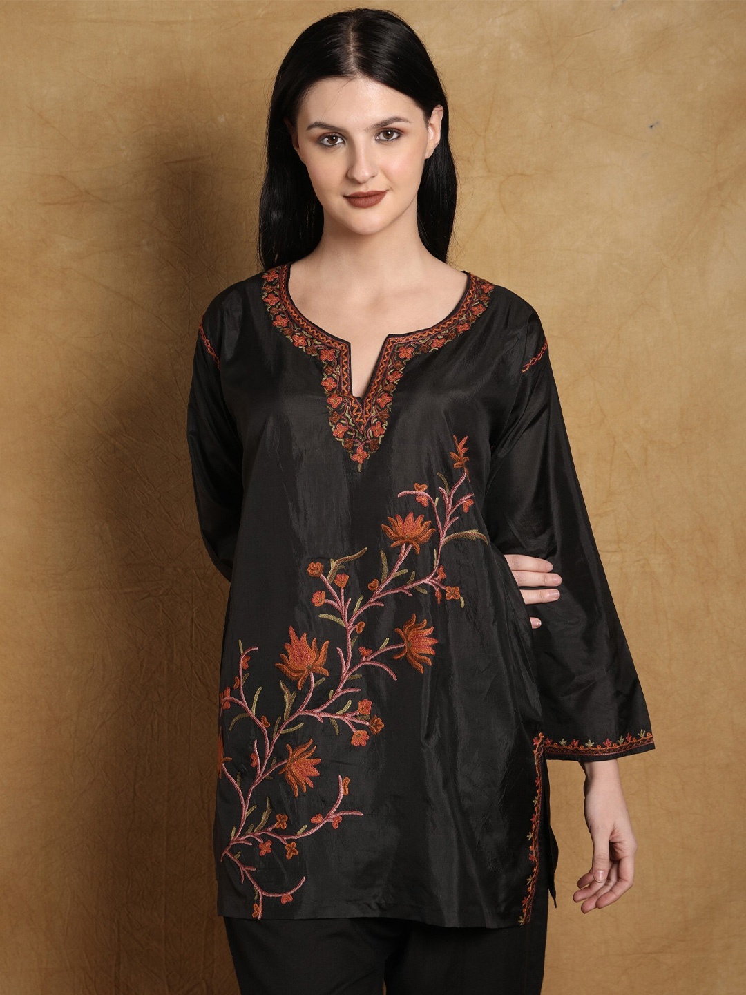 

Exotic India Floral Embroidered Thread Work Pure Silk Thread Work Kurti, Black