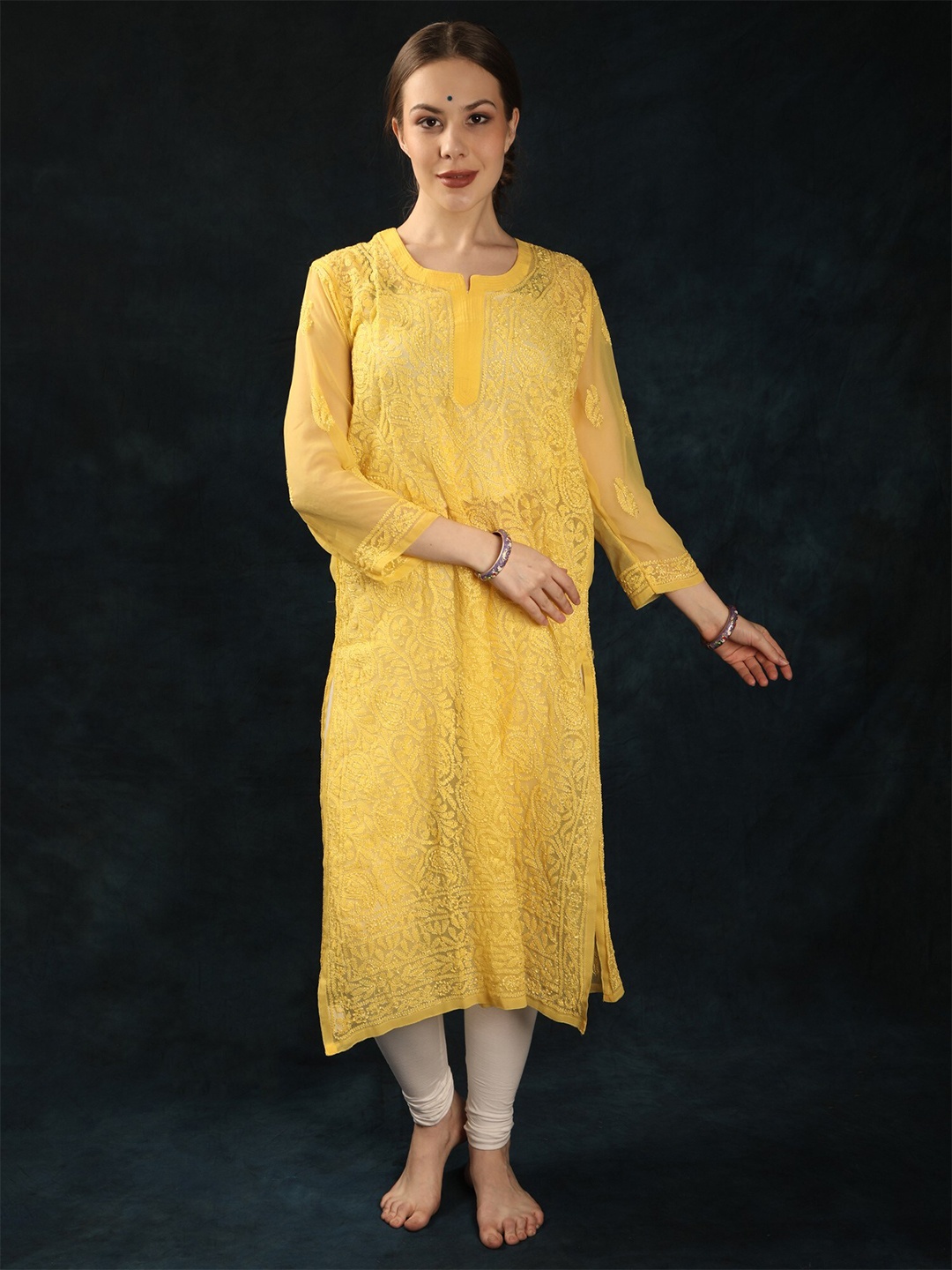 

Exotic India Paisley Embroidered Chikankari Straight Georgette Kurta, Yellow